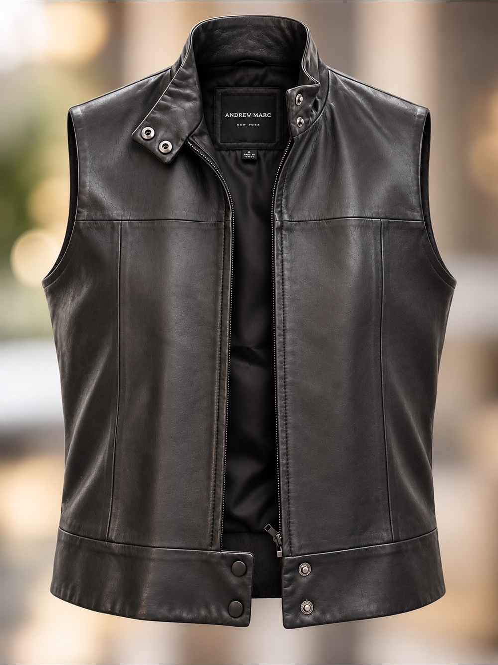 Andrew Marc Black Leather Snap-Band Collar Vest